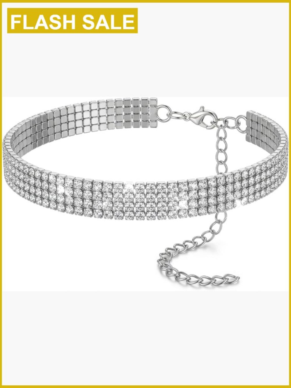 Silver Crystal Rhinestone 4 Row Choker Necklace, Dainty Adjustable Tennis